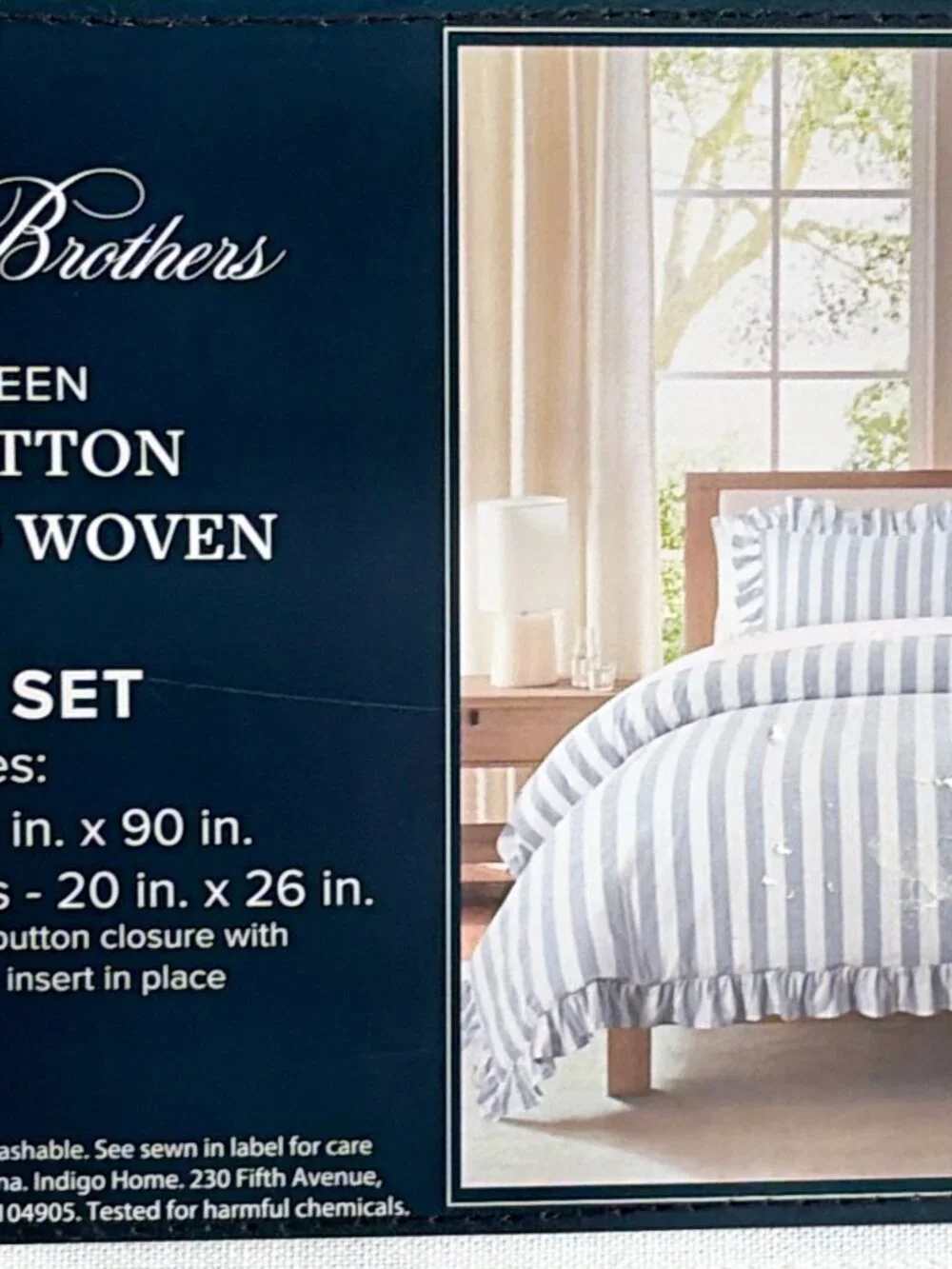 Brooks Brothers Blue & White Stripe Ruffled FULL/QUEEN Size Cotton Duvet Set